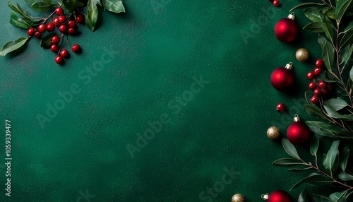 Top-down view of Christmas greenery and red berries on an emerald green background, with a sprinkle of tiny gold ornaments for a festive touch.