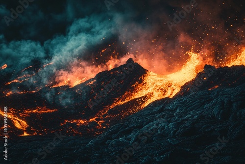 Volcanic Eruption: Fiery Lava Flow Against Night Sky