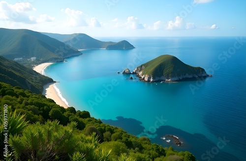 Landscape of bay with green island.