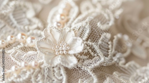 An elegant lace and pearl brooch reminiscent of past eras and perfect for adding a touch of vintage charm to any outfit.