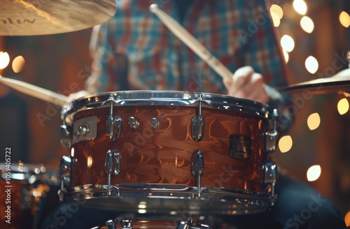 Close Up of a Drummers Hands Playing a Teal Drum Set