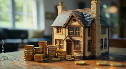 Casetta in miniatura con davanti pile di monete. Spendere soldi per la realizzazione della casa. Assicurare casa. Comprare casa. pubblicità.