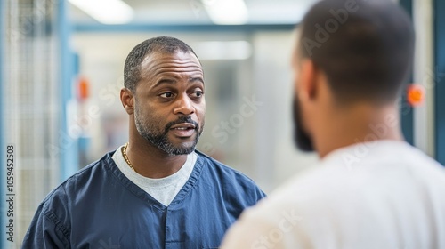 A probation officer meeting with a parolee, showing the corrections system's focus on reintegration