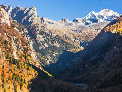 Aerial view of Autumn mountains in Val di Mello, Sondrio Province, Lombardy, Italy