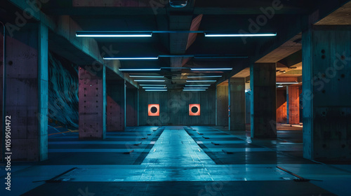 Modern Indoor Shooting Range with Red Accents, Reflective Floor, and Shooting Targets. Concept of Controlled Environment, Precision Shooting, Training Facility