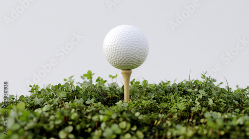 Golf Ball on Tee in Green Grass with White Background