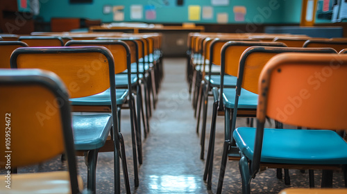 sillas vacias en un salon de clases en un aula en la escuela sillas en orden y acomodadas