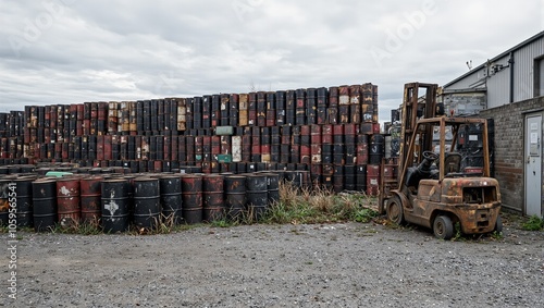 Abandoned industrial yard with rusted oil drums dented forklift and cloudy sky