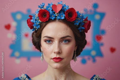 portrait of arrogant queen with red heart on forehead and blue blooming flower in mouth wearing crown on pink background