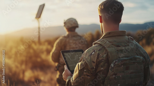 Soldiers stationed in a harsh desert outpost check border surveillance feeds on a tablet, the Starlink antenna transmitting satellite data under the blazing sun, ensuring constant