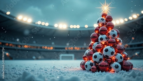 Christmas tree made from soccer balls and red baubles, standing on a winter football field 