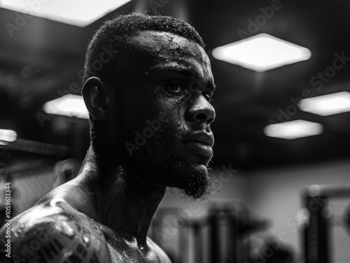 Athlete with beard sweating profusely after a hard workout, looking contemplative. Sweat drops on face indicate exhaustion and exertion.