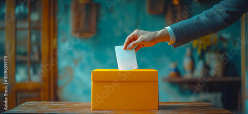 Ballot dropped in yellow box. A person casts a vote by placing a ballot into a bright yellow box in a cozy polling station during electoral season.