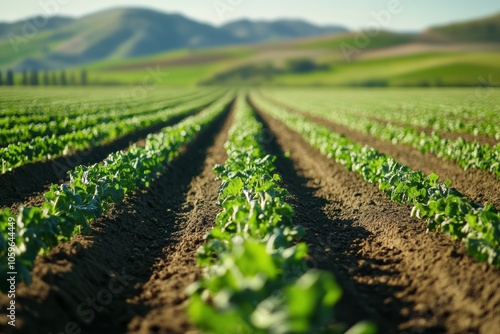 Straight rows of vibrant vegetables stretch across the garden, basking in the warm sunlight, promising a bountiful harvest ahead. Generative AI