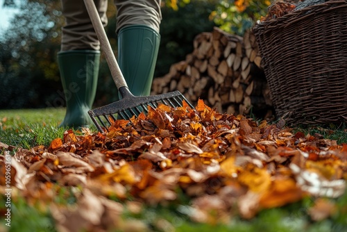 Person raking autumn leaves in garden with green boots