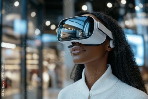 A woman in a mall gazes upwards while wearing a VR headset, highlighting curiosity and amazement of emerging technologies in public spaces today.