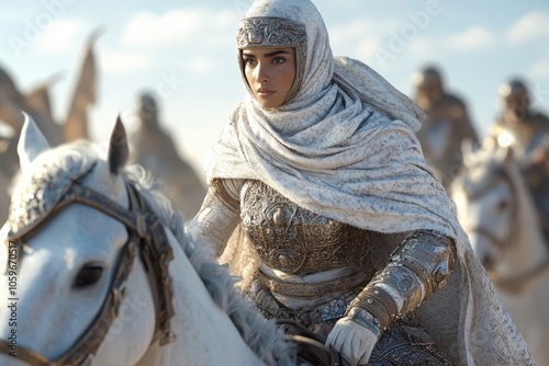 A powerful female warrior in intricate armor rides a white horse, surrounded by other armored figures, embodying bravery and a sense of historical epic adventure.