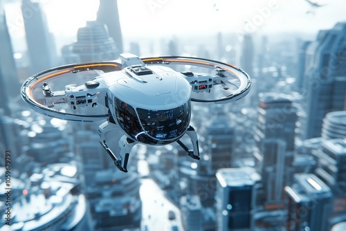 A sleek aerial drone with a circular rotor design gracefully navigates over a futuristic cityscape, showcasing innovation and the integration of advanced technology.