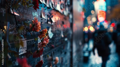 A zoomedin view of a corner of a wall filled with quotes and anecdotes from visitors sharing their personal connections to the monument.