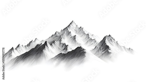 Majestic mountain range with steep cliffs and ridges, black and white hand-drawn pencil sketch, high-contrast silhouette, simple lines, no shading, set against a blank background