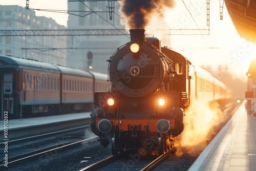 A classic steam train majestically arrives at a sunlit station, with billowing steam, embodying the historical charm and romanticism of train travel.