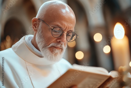 An elderly man with glasses reads a book in a dimly lit church, surrounded by glowing candles, conveying a sense of peace and introspection.