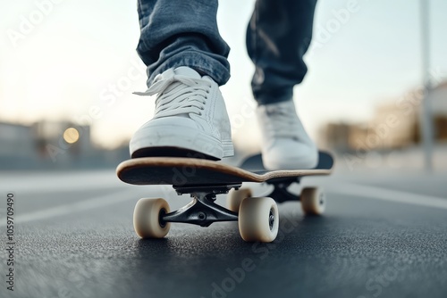 Image of a skateboarder in motion, showcasing a close-up of their sneakers while gliding effortlessly on a smooth street, symbolizing freedom and youth.