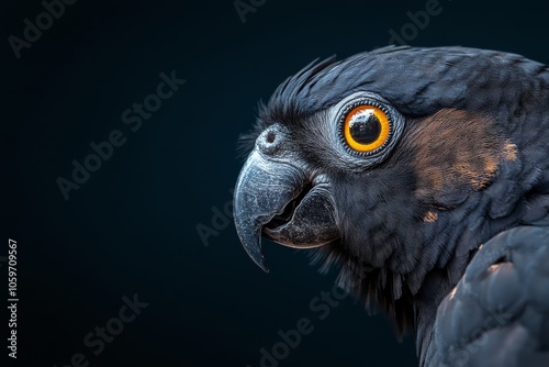 A striking close-up of a black parrot showcasing vibrant orange eyes, textured feathers, and a sharp beak, emphasizing the bird's detailed features and dramatic gaze.