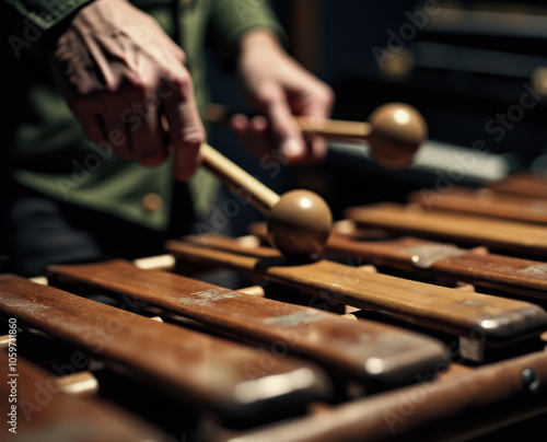 Detailed image of hands skillfully playing a wooden xylophone with mallets, capturing the essence of musical performance and artistry in motion.