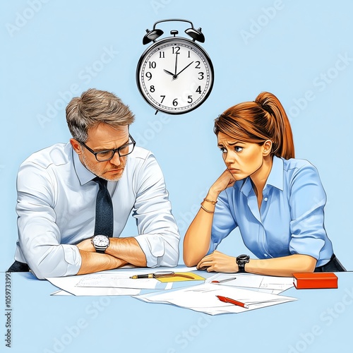 A boss looking at their watch impatiently while an employee frantically tries to meet an unrealistic deadline, a clock looming in the background emphasizing the pressure