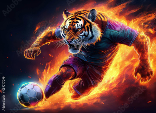 tigre futbolista agresivo y furioso jugando con el balón mientras arde en llamas y fuego sobre fondo oscuro, ia, ilustración digital, jugador infernal, pasión de futbol, tigre haciendo gol, futbolista