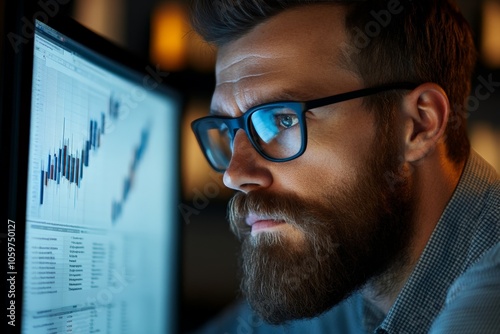 A focused businessman with glasses intensely examines financial and statistical data on a computer screen, symbolizing concentration and analytical thinking.