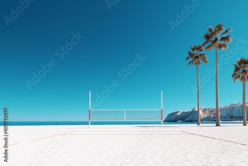 Long stretch of sandy beach with volleyball net, lined by palms, hints at a sun-drenched tropical setting ideal for recreation and sunbathing enjoyment.