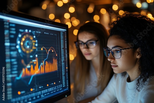 Two committed analysts with an illuminated backdrop work together on complex data visualizations, highlighting teamwork and the interaction between technology and insight.