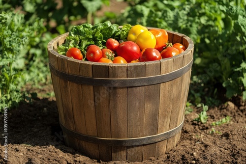 A wooden bucket overflows with vibrant, fresh vegetables nestled in a thriving rural garden, basking under the sun’s warmth. Generative AI