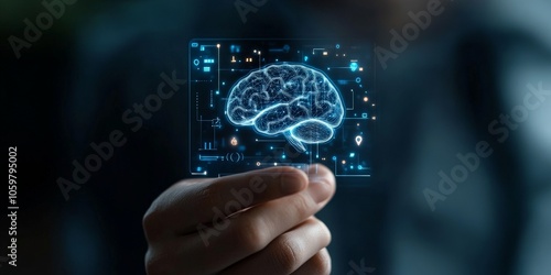 A hand holds a digital holographic brain, representing the tangible interface of artificial intelligence and cognitive technology in modern times.