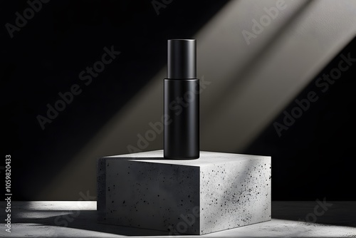 A sleek black bottle on a textured concrete pedestal, illuminated by dramatic lighting.