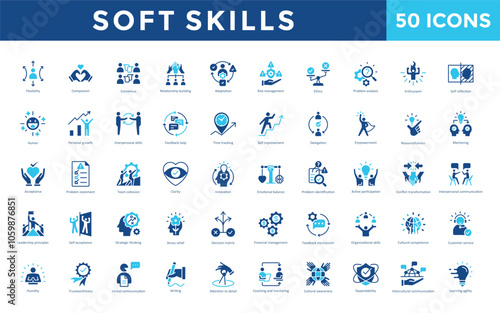 Soft skills icon set with flexibility, compassion, consensus, relationship building, adaptation, risk management, ethics, problem, analysis, enthusiasm, self reflection icon. Simple flat vector 