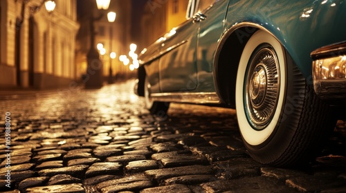 15.A shot of a classic vintage carâ€™s wheel, with a shiny hubcap and whitewall tire, positioned on a cobblestone street under the soft glow of vintage street lamps.