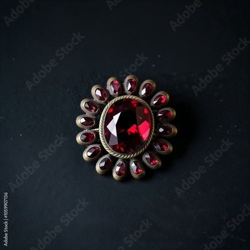 Vintage style garnet brooch in antique brass on plain black dark background