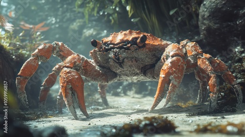 A Japanese Red King Crab with a spiny, rust-red shell and long, powerful legs, walking across a cold, sandy seabed. surrounded by seaweed and soft light filtering through the water. 