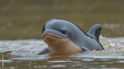 An ultra-detailed image of a Yangtze Finless Porpoise swimming in the murky waters of the Yangtze River. Captures its smooth, finless back, rounded head, and expressive, almost smiling mouth. 