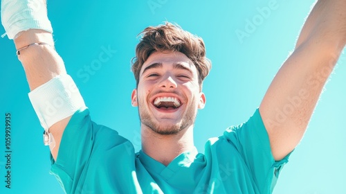 A patient celebrates a personal victory by taking their first unassisted steps after an accident, their face beaming with joy and accomplishment.