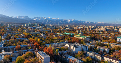 Panoramic view from a quadcopter of the Kazakh city of Almaty on an autumn morning