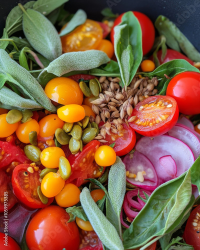 A close-up of a bush tucker meal, featuring native Australian ingredients like bush tomatoes and wattle seeds.