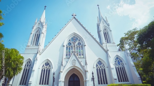 A gothic church with spires, arched windows, and stained glass.