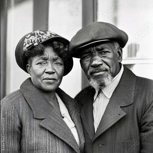 A picture of a 1924 black middle-aged couple from Atlanta, Georgia. black and white.