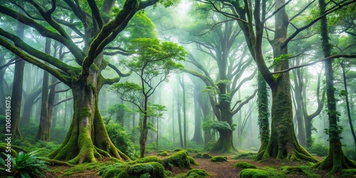 Dense foliage of tall trees with gnarled trunks and sprawling branches in a misty forest environment, nature, plantlife, foliage, arboreal, forest