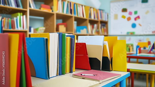 A classroom bookshelf filled with neatly organized textbooks and educational resources, Photorealistic