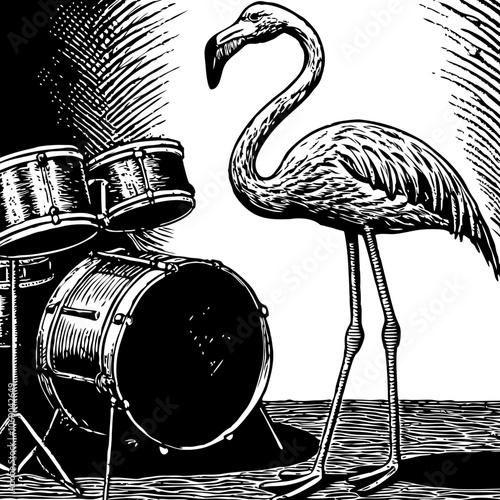 Flamingo Rhythm: A striking woodblock print of a flamingo standing beside a drum kit. A unique blend of nature and music, perfect for album art, posters, or design projects. 